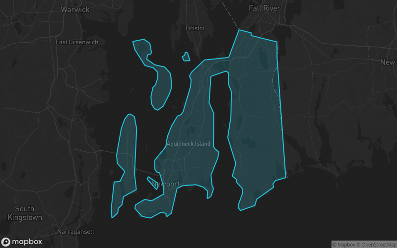 Map of Newport County, Rhode Island showing the county boundary and surrounding cities