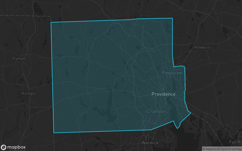 Map of Providence County, Rhode Island showing the county boundary and surrounding cities