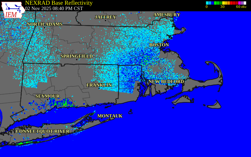 NEXRAD radar during the Sunday, November 2, 2025 storm activity in Providence County, Rhode Island