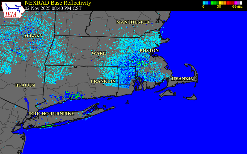 Radar snapshot during the Nov 2, 2025 wind event near 3 WSW Scituate, Providence County, Rhode Island, with NWS warning polygons