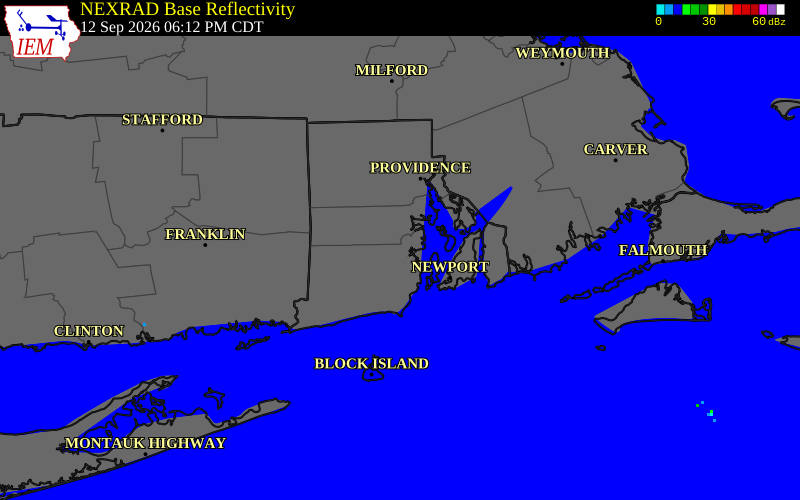 Current NEXRAD radar across Rhode Island with recent storm report locations
