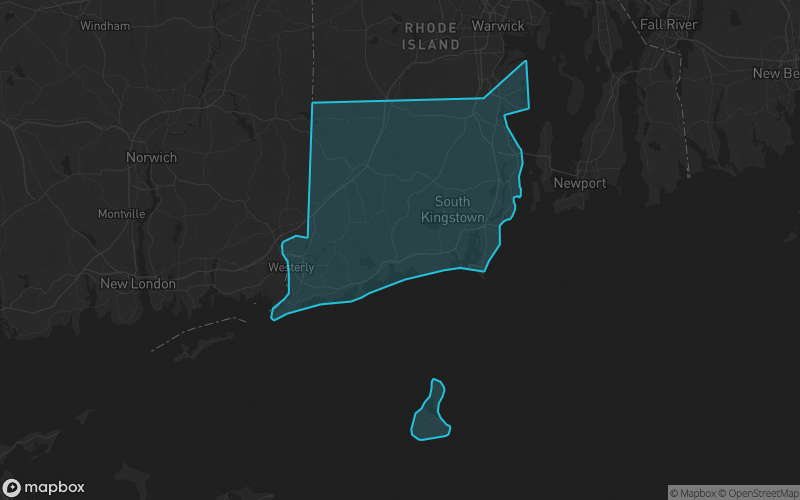 Map of Washington County, Rhode Island showing the county boundary and surrounding cities