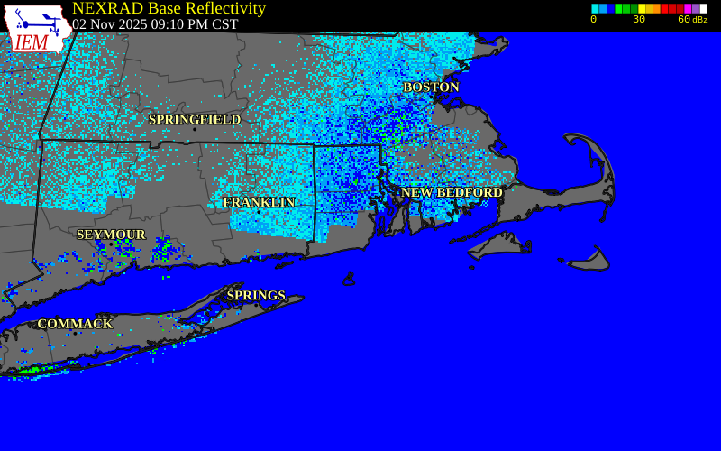 NEXRAD radar during the Sunday, November 2, 2025 storm activity in Washington County, Rhode Island