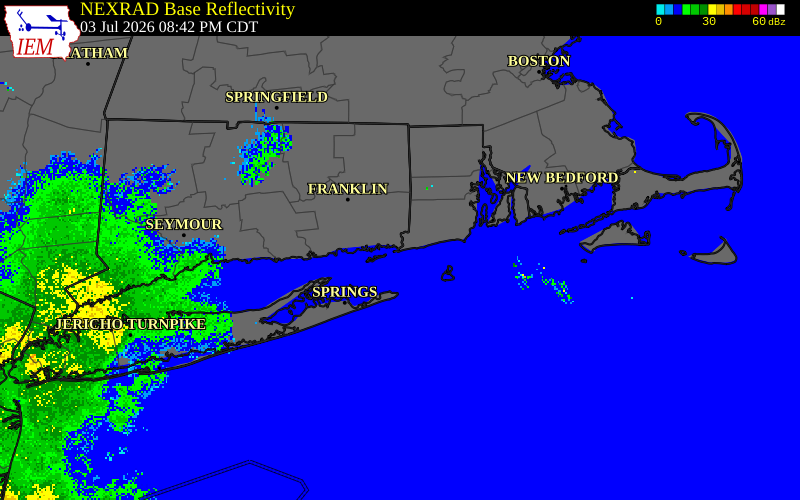 NEXRAD radar during the Friday, July 3, 2026 storm activity in Washington County, Rhode Island