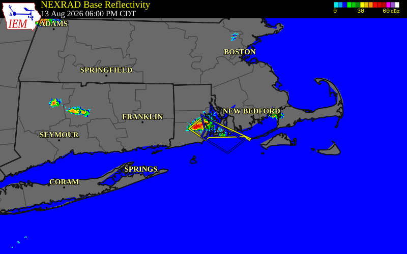 NEXRAD radar during the Thursday, August 13, 2026 storm activity in Washington County, Rhode Island