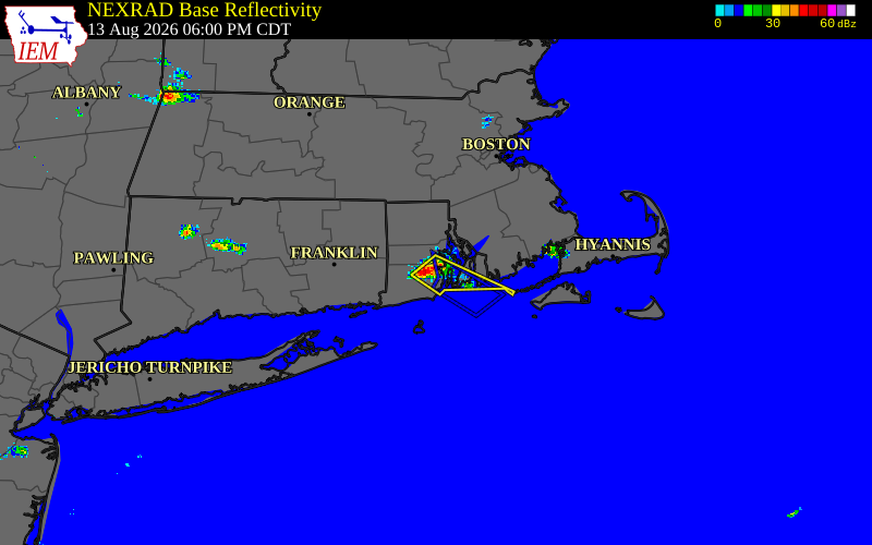 Radar snapshot during the Aug 13, 2026 wind event near North Kingstown, Washington County, Rhode Island, with NWS warning polygons