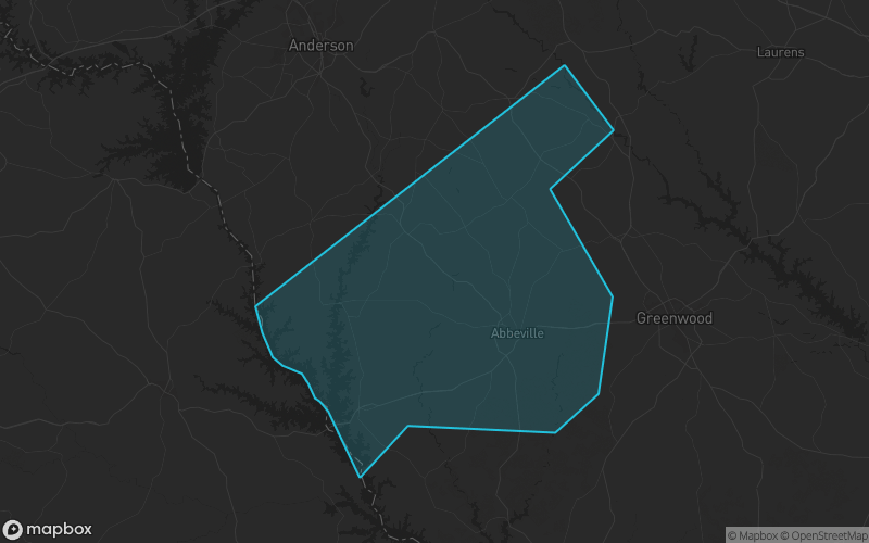 Map of Abbeville County, South Carolina showing the county boundary and surrounding cities
