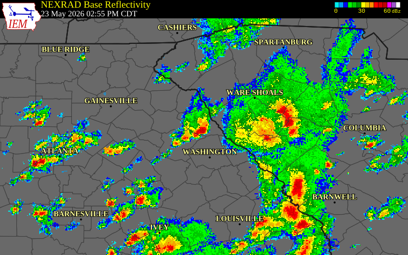 NEXRAD radar during the Saturday, May 23, 2026 storm activity in Abbeville County, South Carolina