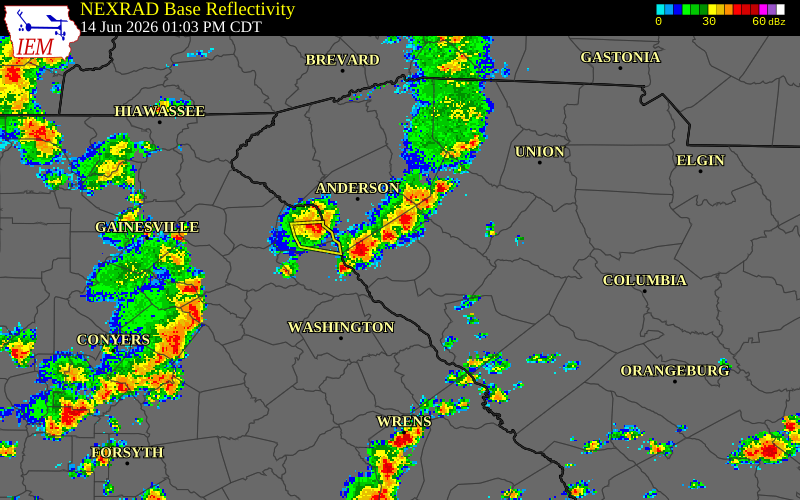 NEXRAD radar during the Sunday, June 14, 2026 storm activity in Abbeville County, South Carolina