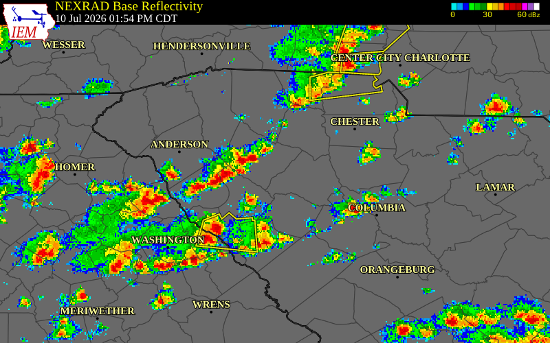 NEXRAD radar during the Friday, July 10, 2026 storm activity in Abbeville County, South Carolina