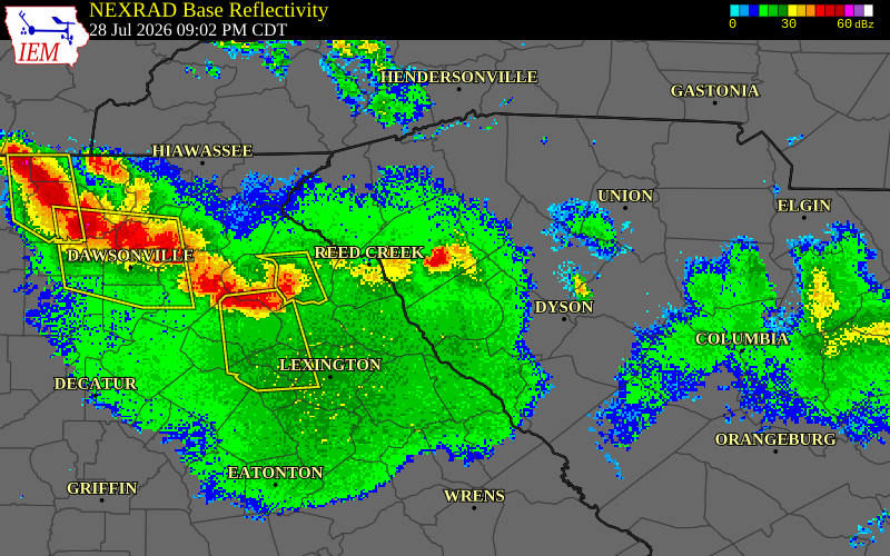 NEXRAD radar during the Tuesday, July 28, 2026 storm activity in Abbeville County, South Carolina