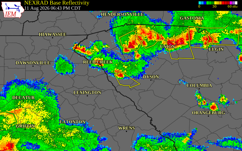 NEXRAD radar during the Tuesday, August 11, 2026 storm activity in Abbeville County, South Carolina