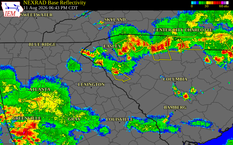 Radar snapshot during the Aug 11, 2026 hail event near 5 SE Antreville, Abbeville County, South Carolina, with NWS warning polygons