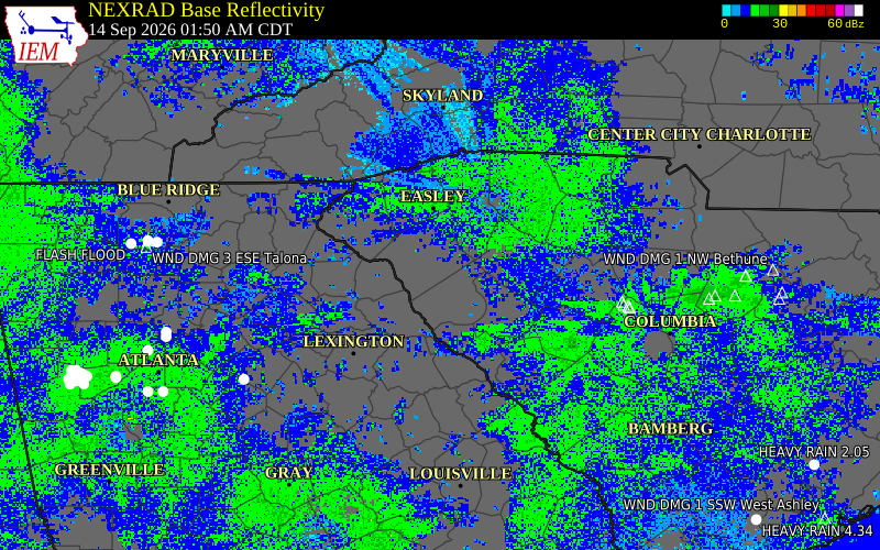 Current NEXRAD radar over Abbeville County, South Carolina with recent storm report locations
