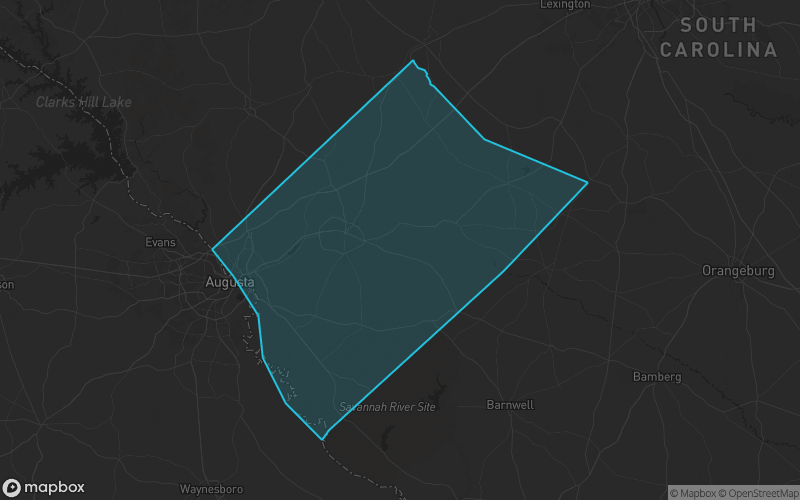 Map of Aiken County, South Carolina showing the county boundary and surrounding cities