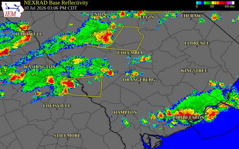 NEXRAD radar during the Friday, July 10, 2026 storm activity in Aiken County, South Carolina