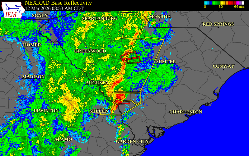 Radar snapshot during the Mar 12, 2026 wind event near Wagener, Aiken County, South Carolina, with NWS warning polygons