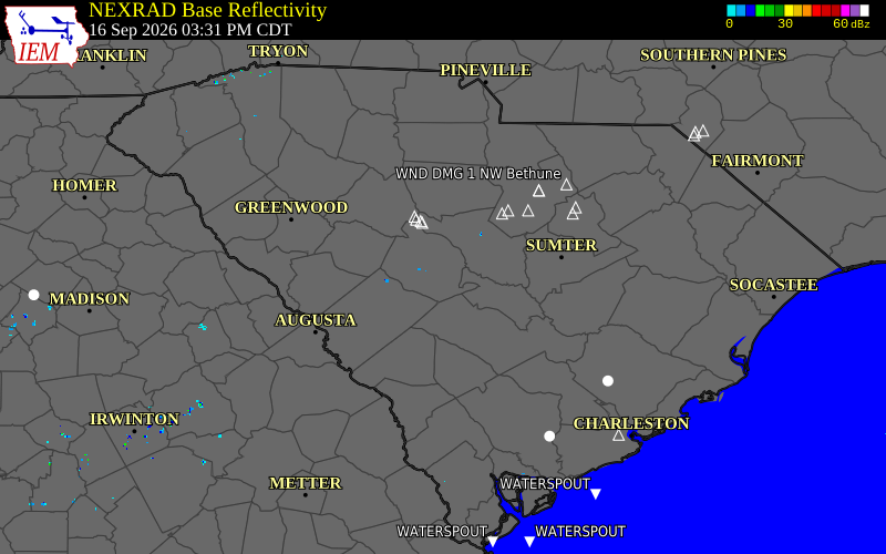 Current NEXRAD radar over Aiken County, South Carolina with recent storm report locations