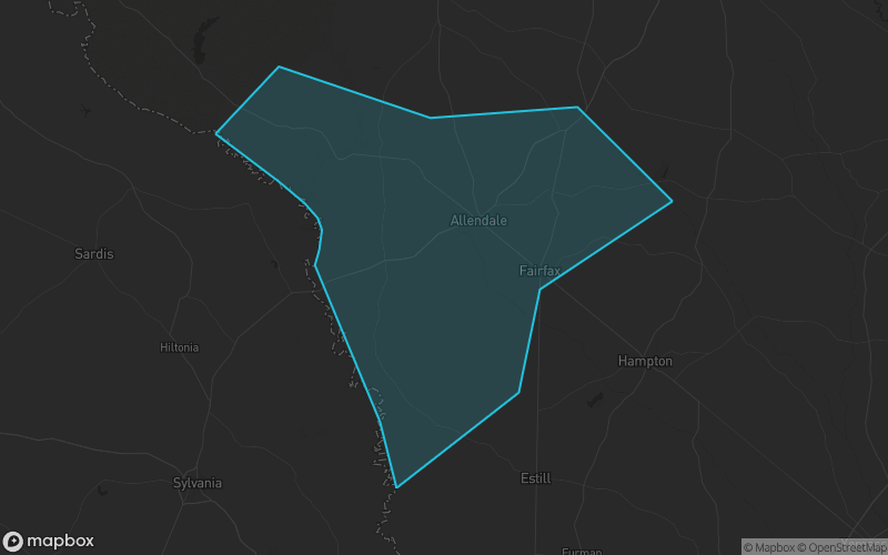 Map of Allendale County, South Carolina showing the county boundary and surrounding cities