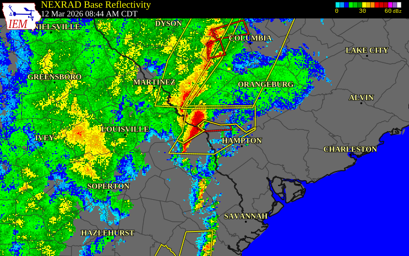 NEXRAD radar during the Thursday, March 12, 2026 storm activity in Allendale County, South Carolina