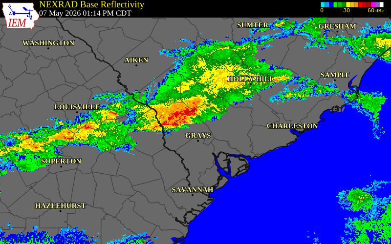 NEXRAD radar during the Thursday, May 7, 2026 storm activity in Allendale County, South Carolina