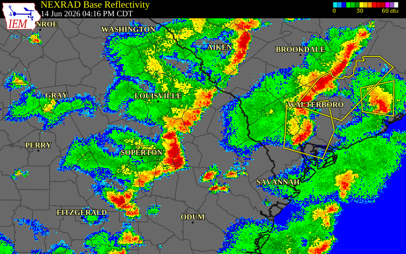 NEXRAD radar during the Sunday, June 14, 2026 storm activity in Allendale County, South Carolina