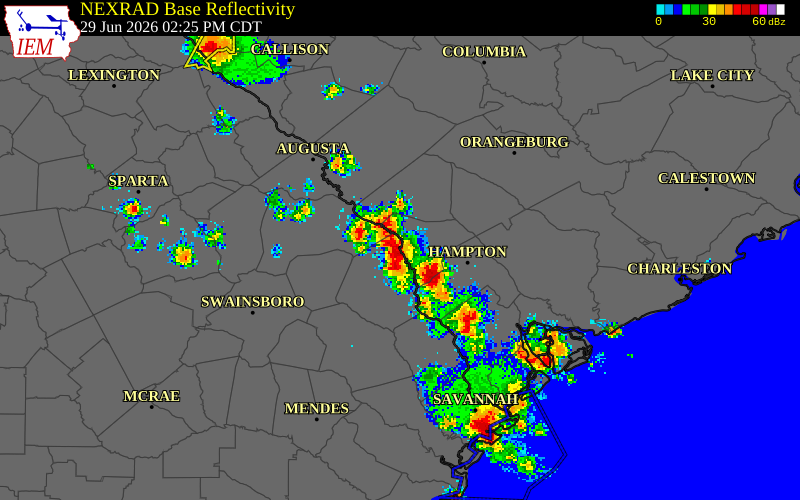 NEXRAD radar during the Monday, June 29, 2026 storm activity in Allendale County, South Carolina