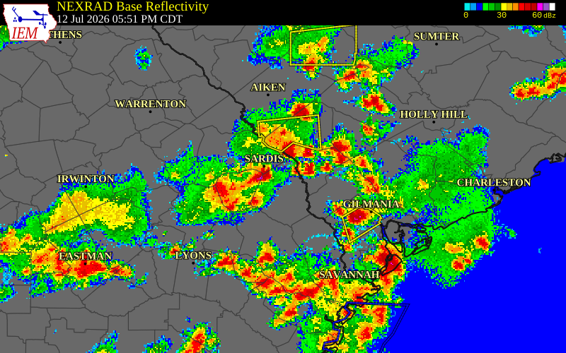 NEXRAD radar during the Sunday, July 12, 2026 storm activity in Allendale County, South Carolina