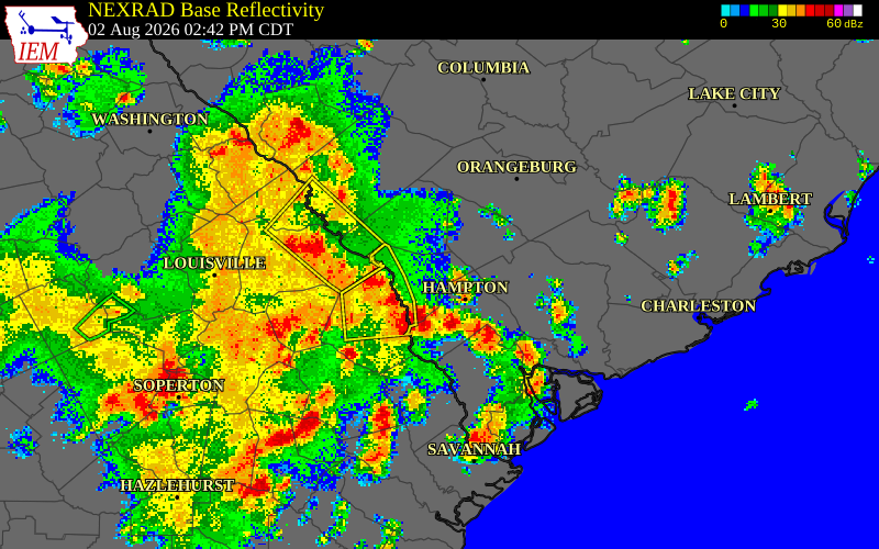 NEXRAD radar during the Sunday, August 2, 2026 storm activity in Allendale County, South Carolina