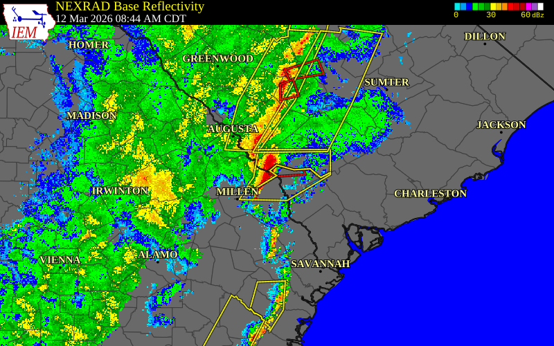 Radar snapshot during the Mar 12, 2026 tornado event near Millett, Allendale County, South Carolina, with NWS warning polygons