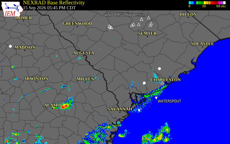 Current NEXRAD radar over Allendale County, South Carolina with recent storm report locations