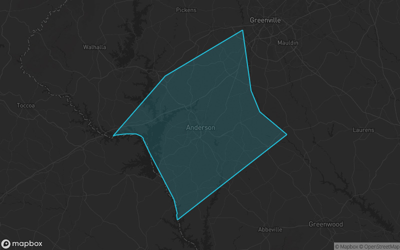 Map of Anderson County, South Carolina showing the county boundary and surrounding cities