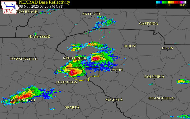 NEXRAD radar during the Saturday, November 8, 2025 storm activity in Anderson County, South Carolina
