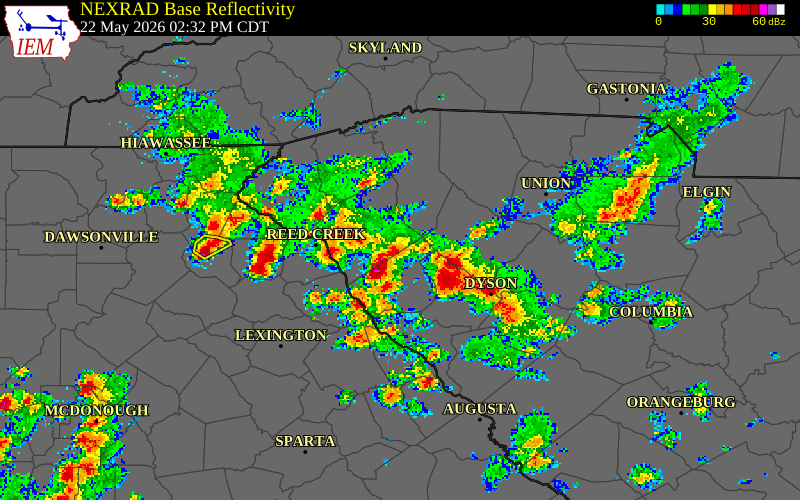 NEXRAD radar during the Friday, May 22, 2026 storm activity in Anderson County, South Carolina