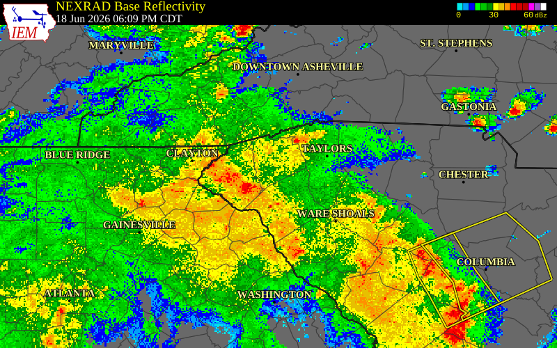 NEXRAD radar during the Thursday, June 18, 2026 storm activity in Anderson County, South Carolina