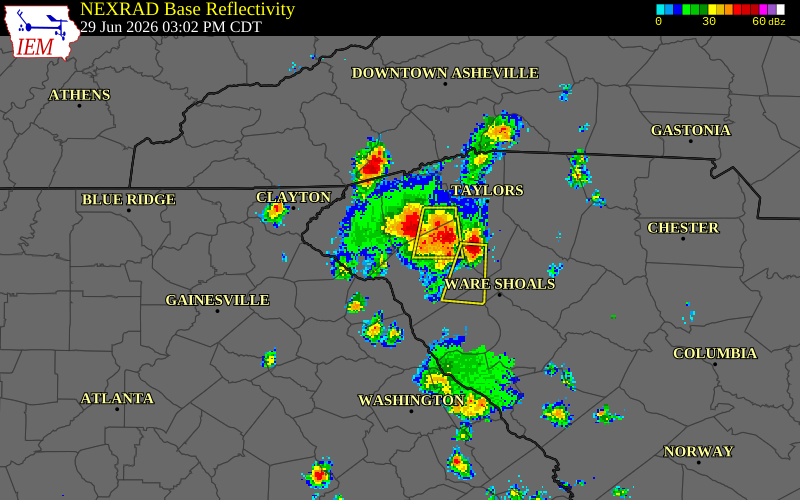NEXRAD radar during the Monday, June 29, 2026 storm activity in Anderson County, South Carolina