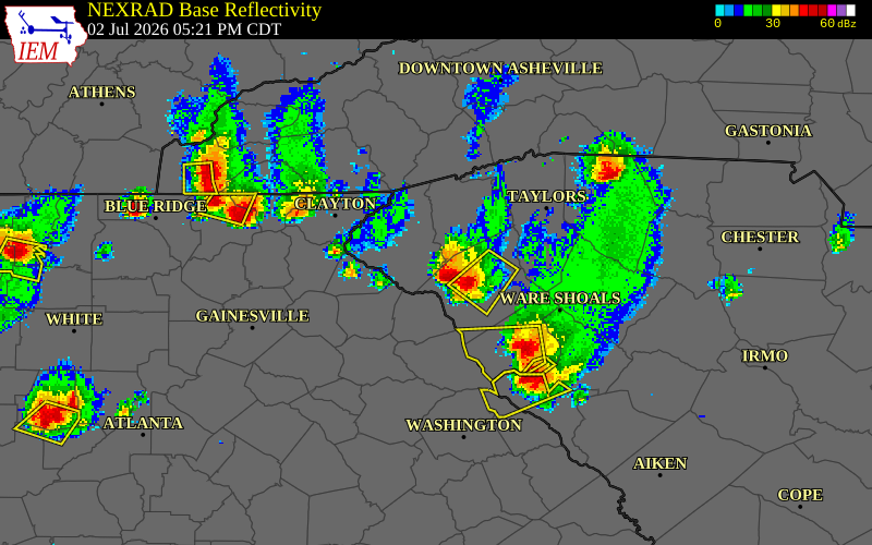 NEXRAD radar during the Thursday, July 2, 2026 storm activity in Anderson County, South Carolina