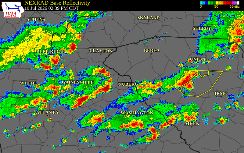 NEXRAD radar during the Friday, July 10, 2026 storm activity in Anderson County, South Carolina