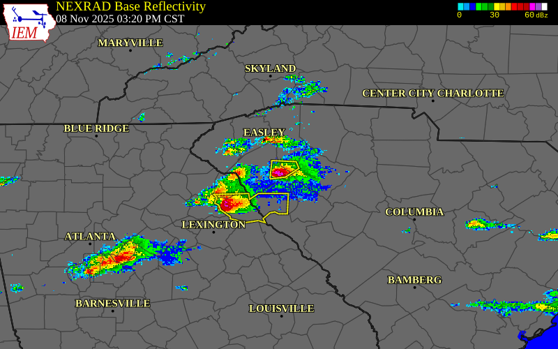 Radar snapshot during the Nov 8, 2025 hail event near 3 WNW Honea Path, Anderson County, South Carolina, with NWS warning polygons