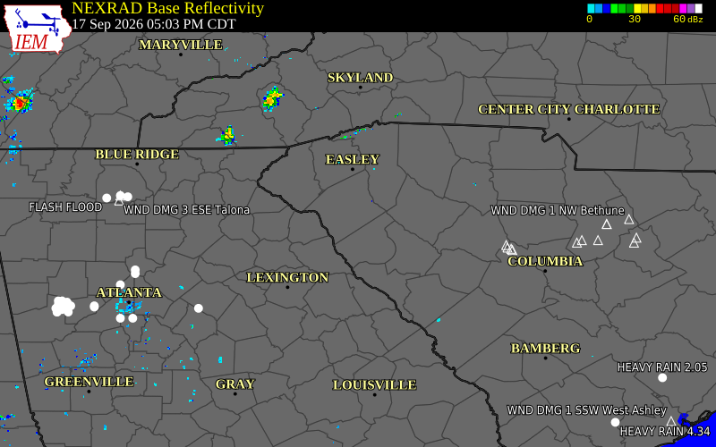Current NEXRAD radar over Anderson County, South Carolina with recent storm report locations