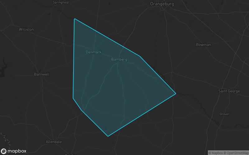 Map of Bamberg County, South Carolina showing the county boundary and surrounding cities