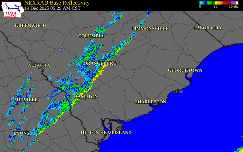 NEXRAD radar during the Friday, December 19, 2025 storm activity in Bamberg County, South Carolina