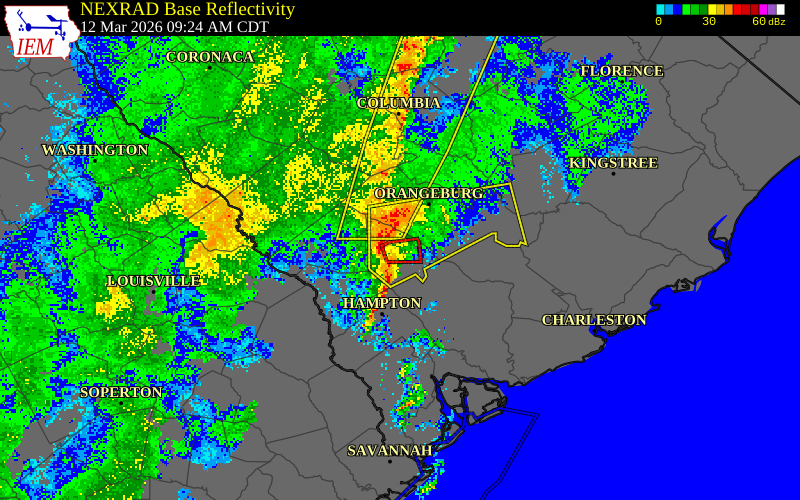 NEXRAD radar during the Thursday, March 12, 2026 storm activity in Bamberg County, South Carolina