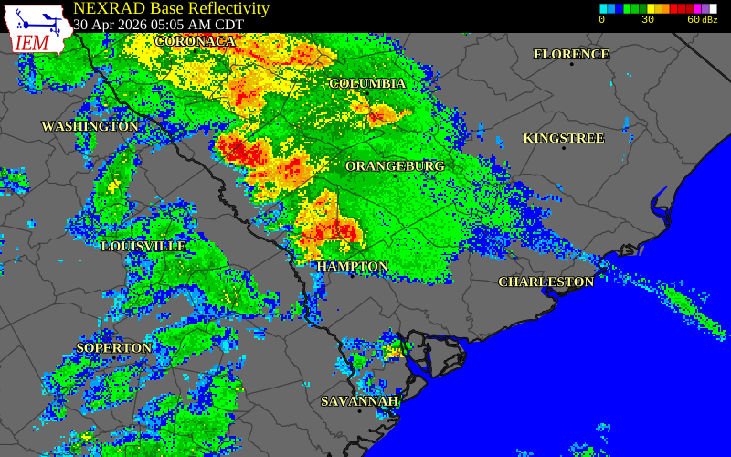 NEXRAD radar during the Thursday, April 30, 2026 storm activity in Bamberg County, South Carolina
