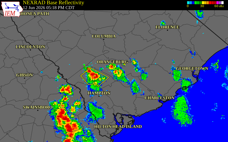 NEXRAD radar during the Friday, June 12, 2026 storm activity in Bamberg County, South Carolina