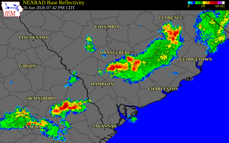 NEXRAD radar during the Friday, June 26, 2026 storm activity in Bamberg County, South Carolina