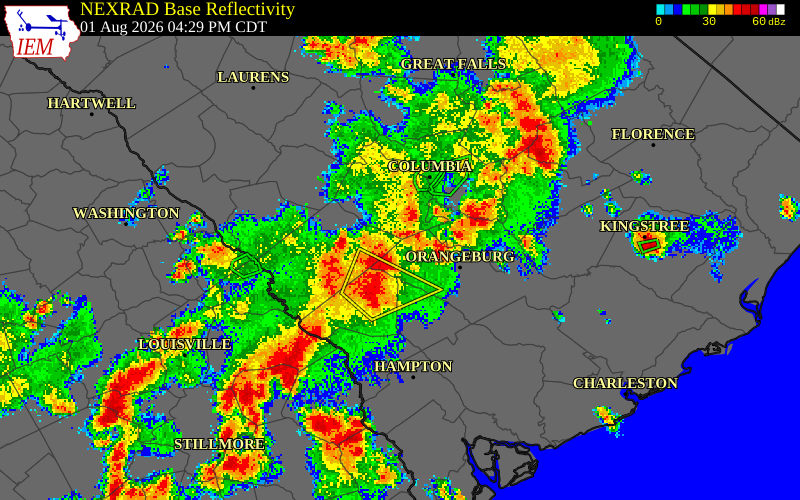 NEXRAD radar during the Saturday, August 1, 2026 storm activity in Bamberg County, South Carolina