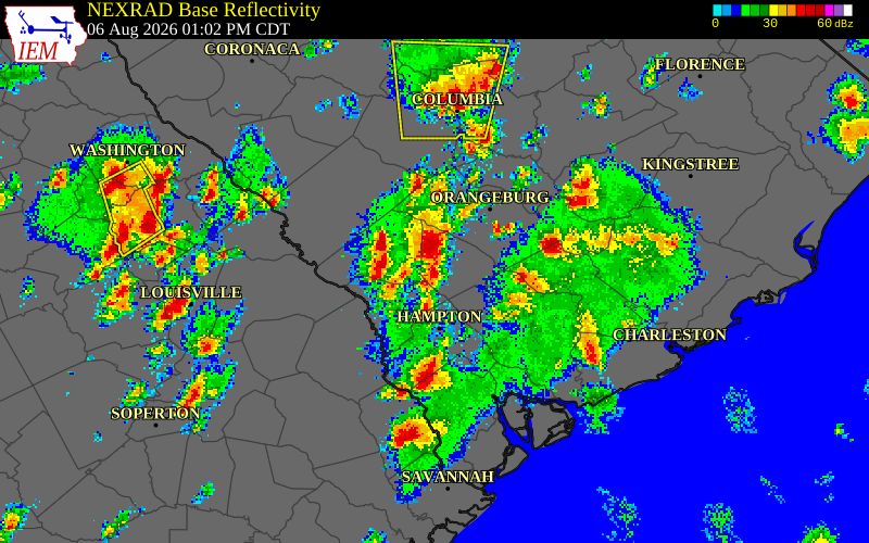 NEXRAD radar during the Thursday, August 6, 2026 storm activity in Bamberg County, South Carolina