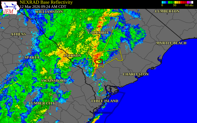 Radar snapshot during the Mar 12, 2026 tornado event near 4 S Bamberg, Bamberg County, South Carolina, with NWS warning polygons