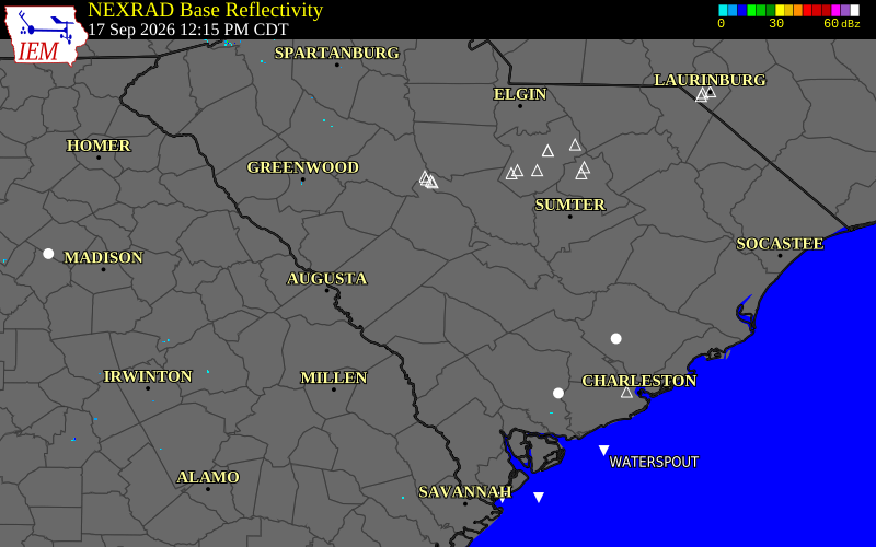Current NEXRAD radar over Bamberg County, South Carolina with recent storm report locations